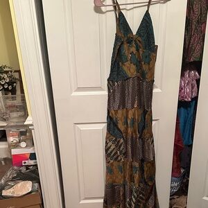 Bohemian Patchwork Maxi Dress in Teal and Brown